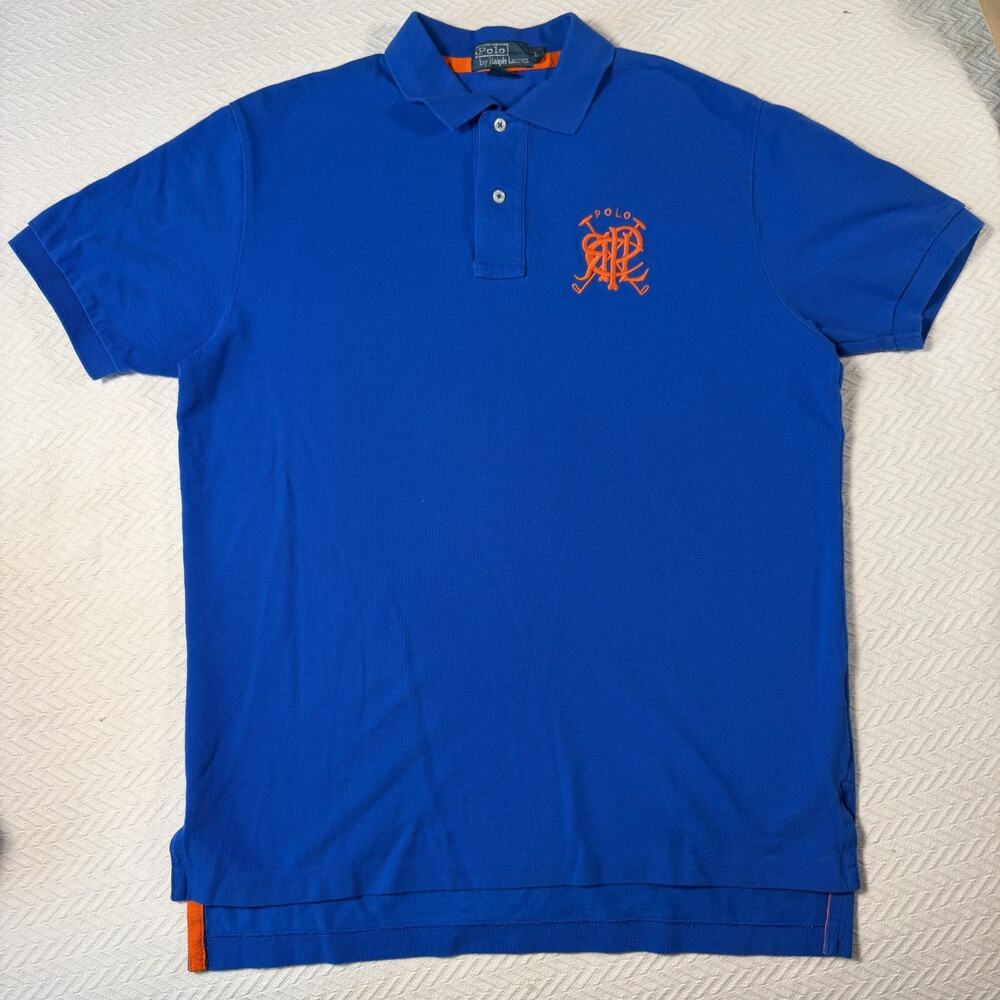 Polo Ralph Lauren Mens L Blue Orange Monogram Crest Pique Polo Shirt Cotton
